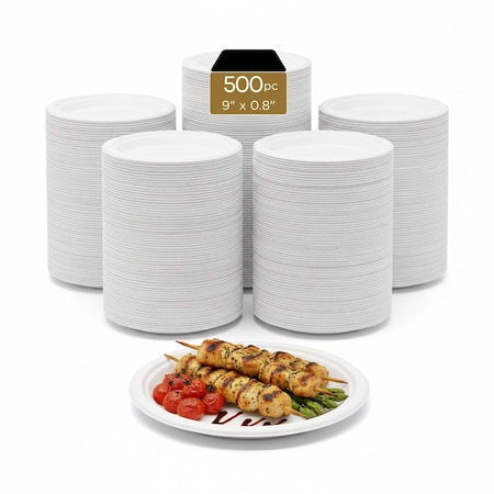 Eco Harmony Products Bagasse Plates, PFAS-Free, Compostable, White, 9", 500PK 804568