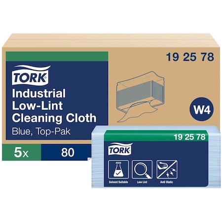 Tork Top-Pak Industrial Low Lint Cleaning Cloth, 12.83 in L x 15.35 in, 80, Polypropylene, Blue, 1 Plys 192578