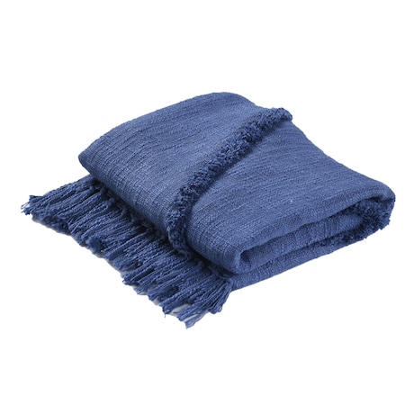 Homeroots 50" X 60" Blue Woven Cotton Throw Blanket with Fringe 516549
