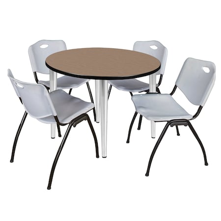 Regency Round Kahlo Breakroom Table W/ 4 M Stack Chairs, 36 in W, 36 in L, Noble Oak TPL36RNDNOCM47GY