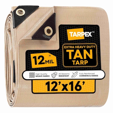 Tarpex Extra Heavy Duty Tarp, 12 ft x 16 ft, 12 Mil, Tan, Polyethylene THD-TA-1216