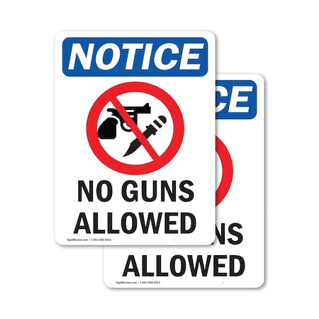 Signmission No Guns Allowed Sign, Vinyl Decal, 10in W x 14in L, 2PK OS-2PACK-NS-D-1014-V-14640