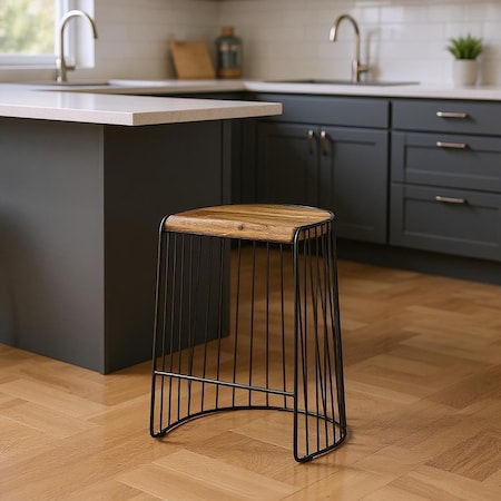 Homeroots 26" Natural and Black Solid Wood and Iron Backless Counter Height Bar Chair 605914