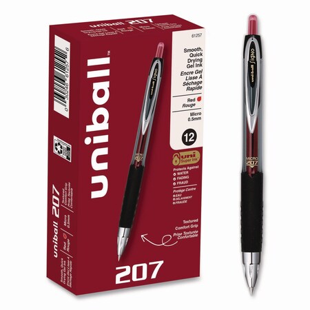 Uni-Ball Signo 207 Gel Pen, Retractable, Fine 0.5 mm, Red Ink, Smoke/Black/Red Barrel, PK12 61257