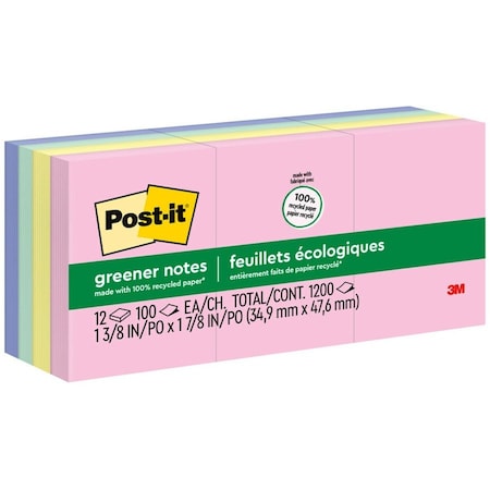 3M Post-it Greener Notes Recycled Notes 653RPA, 1-1/2" x 2", Sunwashed Pier, 100 Sheets, 12/Pack 653RPA