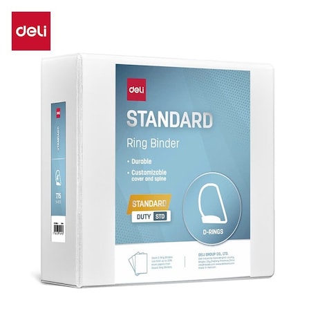 Deli Std Duty View Binder 4in, Letter, D-Ring, PVC-Free, White, 6PK CF571-WH