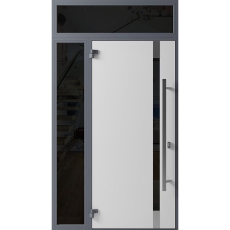 Vdomdoors Front Exterior Prehung Steel Door Ronex1011 Grey Sidelight and Transom Window Sidelite Stainless RONEX1011EXD-GRE-W36+12 X H80+16-RH-I