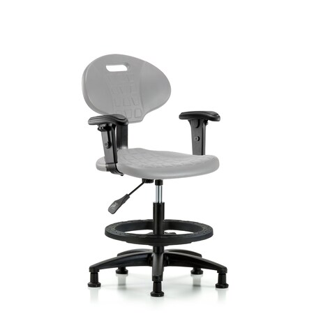 Blue Ridge Ergonomics Poly Chair-Medium Bench Ht with Black Foot Ring, Adjustable Arms, &Stat Glides in Gray Poly TPMBCH-RG-A1-BF-RG-GRY