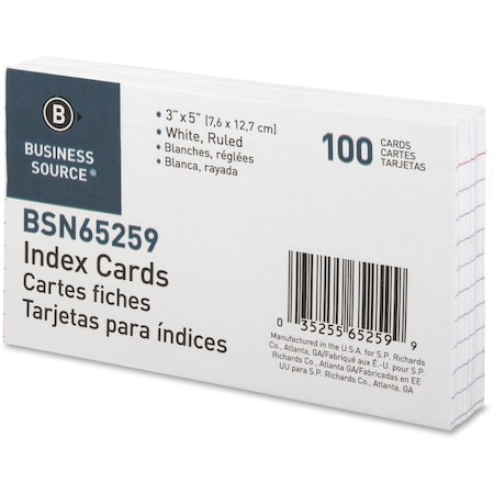 Business Source Index Cards, White, Ruled, PK100 BSN65259