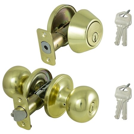 Prosource Deadbolt and Entry Lockset, Turnbutton Lock, Ball Design, Polished Brass, 3 Grade, Brass B9721BRA4F