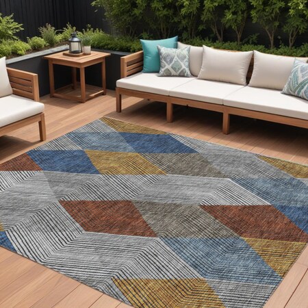 Homeroots 9' X 12' Gray Gold And Blue Argyle Washable Indoor Outdoor Area Rug 613697