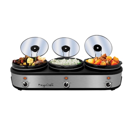 Megachef Triple 2.5 Qt Slow Cooker and Buffet Server in Silver and Black with 3 Ceramic Cooking Pots MC-1203