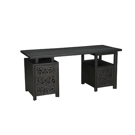 Homeroots 68" Black Carved Floral Scroll Solid Wood Computer Desk With Three Drawers 569608