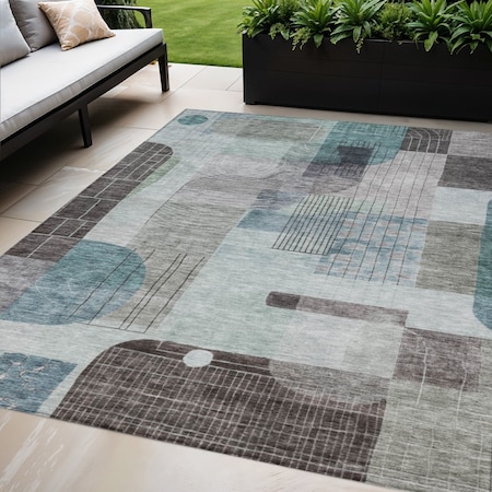 Homeroots 5' X 8' Teal Blue Gray And Charcoal Abstract Washable Indoor Outdoor Area Rug 604385