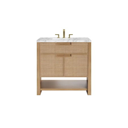 James Martin Vanities Solene 36 in. Single Vanity, Seaside Oak, w/ 3 CM Carrara Marble Top D225-V36-SSO-3CAR