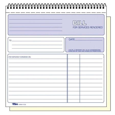 Tops Products TOPS, Spiralbound Service Invoices, 8 1/2 X 7-3/4, Two-Part Carbonless, 50PK 4133