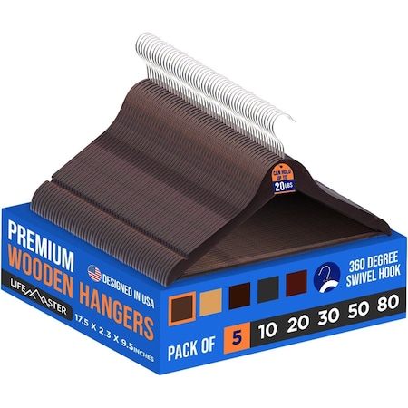 Lifemaster Wooden Hangers, Swivel Hook, Non-Slip, Pants Bar, Holds 10 lbs, Vintage, 5PK LMWD5VTG