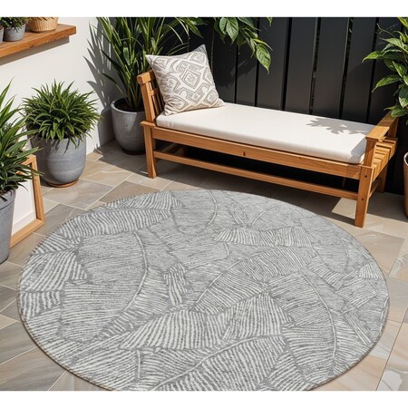 Homeroots 8' Gray And Ivory Round Floral Washable Indoor Outdoor Area Rug 594631