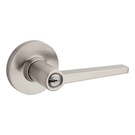 Safelock Daylon Lever with Round Rose Storeroom Lock with 4AL Latch and RCS Strike Satin Nickel Finish SL6500DALRDT-15