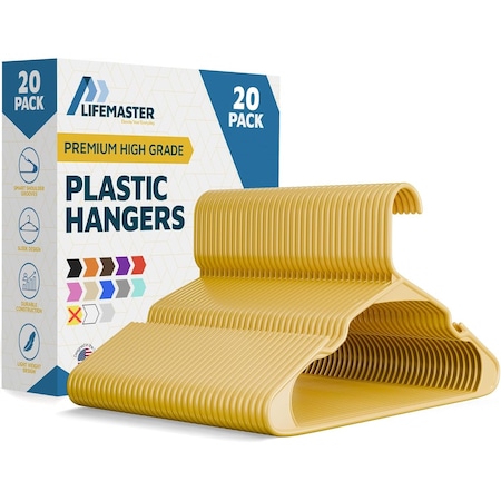 Lifemaster Heavy Duty Plastic Clothes Hangers, Non-Slip, Space-Saving, Holds 5 lbs, Yellow, 20PK LMPLCYLW20