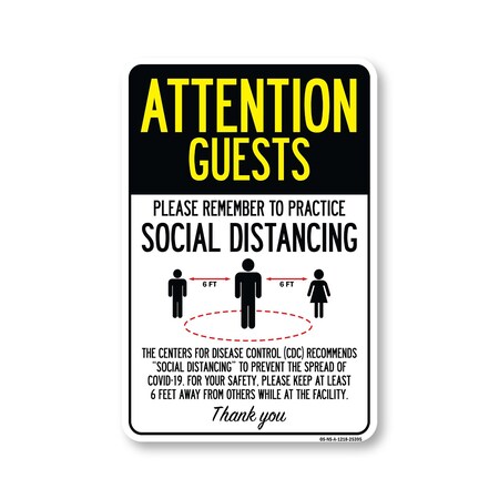 Signmission Public Safety, Attention Guests Practice Social Distancing, 18in X 12in Aluminum, OS-NS-A-1218-25395 OS-NS-A-1218-25395