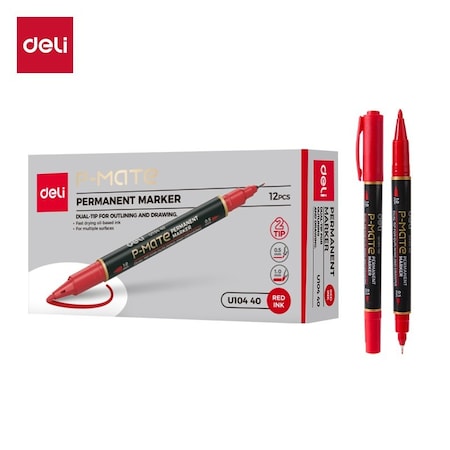 Deli MATE Permanent Marker, Dual Tip (Bullet/Needle), Red, 12PK EU10440
