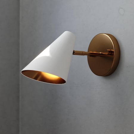 Vaxcel Pryce 4.5-in. W Wall Sconce Light Matte White and Satin Brass Metal Cone Shade W0502