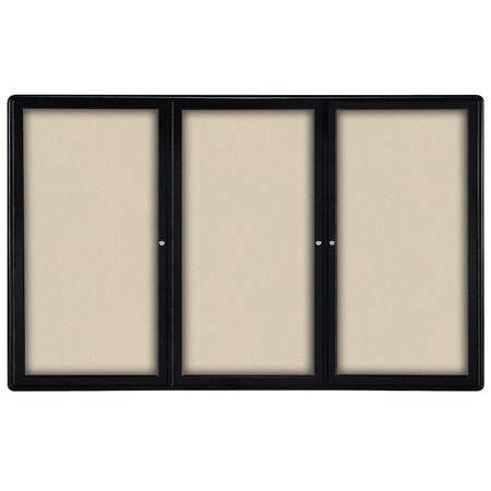 Ghent Ovation 3 Door Enclosed Fabric Bulletin Board, Black Frame, 4'H x 6'W, Beige OVK5-F90