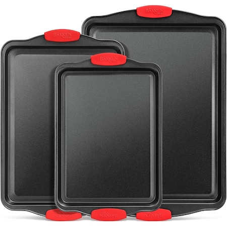 Bakkenmaster BAKKEN 3-Piece Cookie Sheets Set, Nonstick Carbon Steel, Silicone Handles, Non-Toxic, Black BKB3SPS3