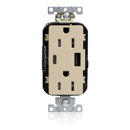 Leviton Duplex Outlet, USB A/C, Ivory, 15A, 125V M56AC-I