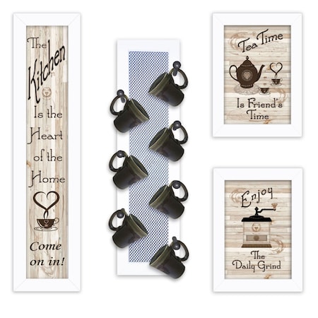 Homeroots Set Of Four Kitchen Collection V with Seven Peg Mug Rack 4 White Framed Print Kitchen Wall Art, 4PK 405959