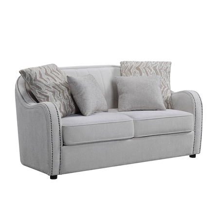 Homeroots 63in Beige And Black Linen Curved Loveseat and Toss Pillows 515724