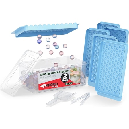 Emporio Kitchen Round Ice Cube Tray Set Pack of 2, BPA-Free, 104 Ice Balls per Tray, Lid & Tongs, Blue EMPICES132.6