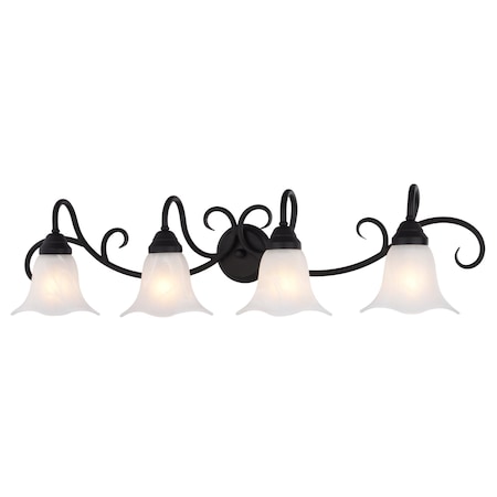 Vaxcel Bella 4-Light Matte Black Bathroom Vanity Fixture, White Glass Shade W0556