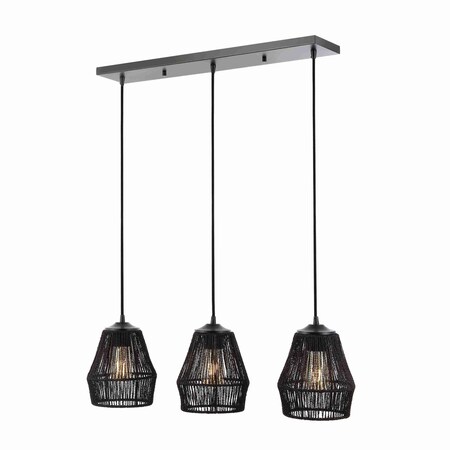 Jonathan Y Ibiza Island 30" 3-Light Woven Rope/Metal Bohemian Coastal LED Linear Pendant, Black JYL1124B