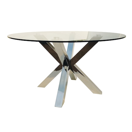 Homeroots 54" Clear and Silver Glass and Metal Cross Leg Base Round Top Dining Table 555135