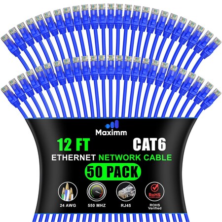 Maximm Cat6 Ethernet Cable 12ft 10Gbps 550MHz UTP, 50PK, Blue, 50PK CAT6CCA-12BL-50PK