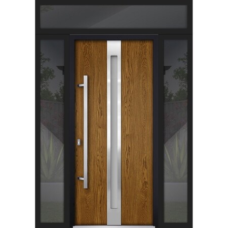 Vdomdoors Steel Door Deux 1744 Natural Oak 2 Sidelight and Transom Black Window Stainless Inserts Single Mode DEUX1744EXD-OAKB-W16+36+16xH80+16-RH-O