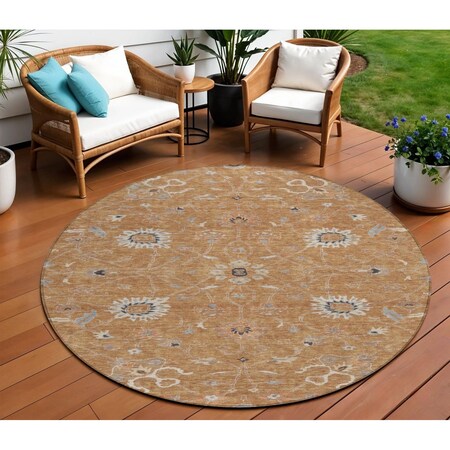 Homeroots 8' Copper Ivory And Black Round Floral Washable Indoor Outdoor Area Rug 604757