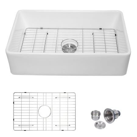 Wrightmaster 33" Apron-Front Farmhouse Single Bowl White Ceramic Kitchen Sink w/Bottom Grids and Basket Strainer ZOR-AW33209DS