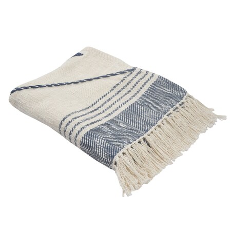 Homeroots 60" X 50" Blue and Off White Woven Cotton Striped Throw Blanket with Fringe 516482