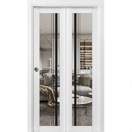 Sartodoors Sliding Closet Bi-fold Doors, Lucia 2566 White Silk with Clear Glass and Aluminum Strips, Sturdy T LUCIA2566BF-WS-64 x 80 (2* 32x80)