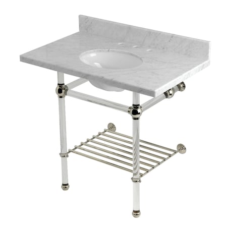 Kingston Brass 36-Inch Carrara Marble Console Sink with Acrylic Legs and Shelf, 8-Inch, 3-Hole KVPB36MAB6