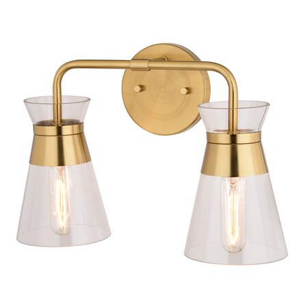 Vaxcel Harper 15 in W 2-Light Brass Gold Mid-Century Modern Bathroom Vanity Light Wall Fixture W0471R