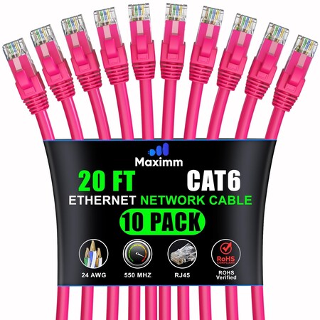 Maximm Cat6 Ethernet Cable 20ft 10Gbps 550MHz UTP, 10PK, Pink, 10PK CAT6-CCA-20FTPINK-10PK