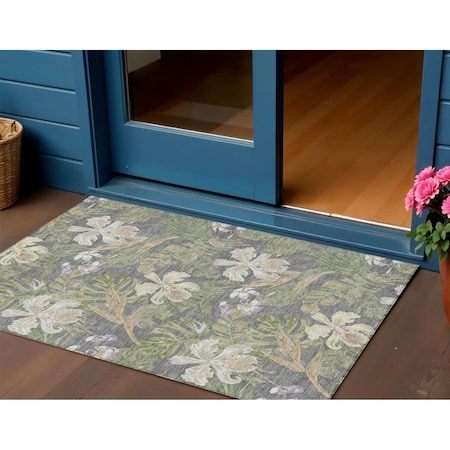 Homeroots 3' X 5' Gray Beige And Olive Green Botanical Leaves Washable Indoor Outdoor Area Rug 618400