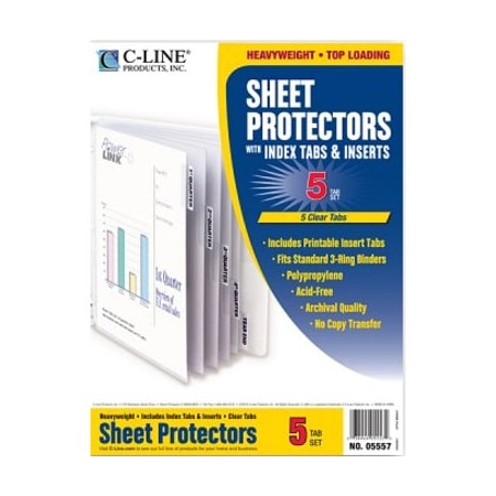 C-Line Products Heavyweight Poly Sheet Protectors with Index Tabs, No Color, 5PK CLI05557