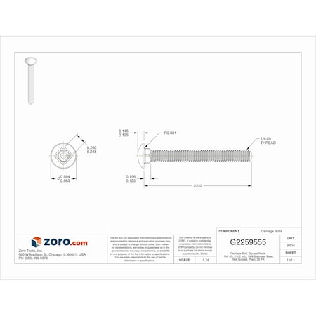 Zoro Select Carriage Bolt, Square Neck, 1/4"-20, 2-1/2 in L, 18-8 Stainless Steel, Not Graded, Plain, 25 PK 1VB87