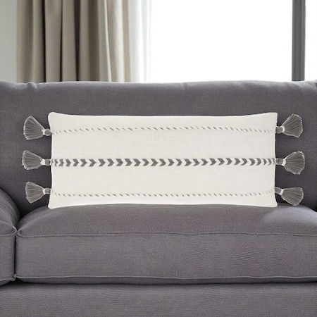 Homeroots 12" X 30" Gray and White Striped Cotton Lumbar Throw Pillow With Tassels 527948
