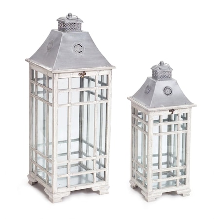 Homeroots Set of Two White And Silver Distressed Geometric Metal Floor Lantern Candle Holders, 2PK 516446
